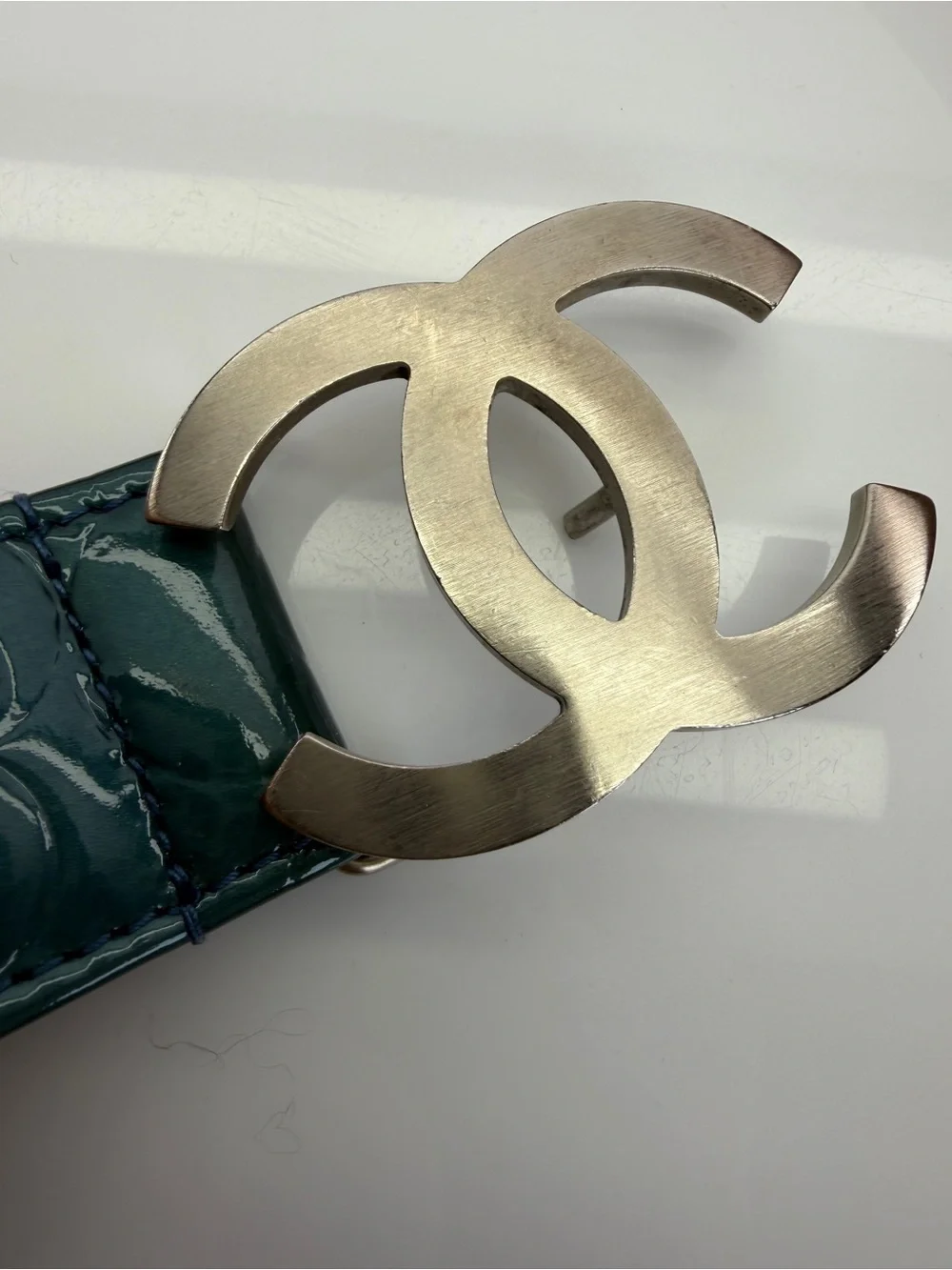 Chanel Teal Patent Leather Camellia Embossed Belt with Interlocking CC Buckle